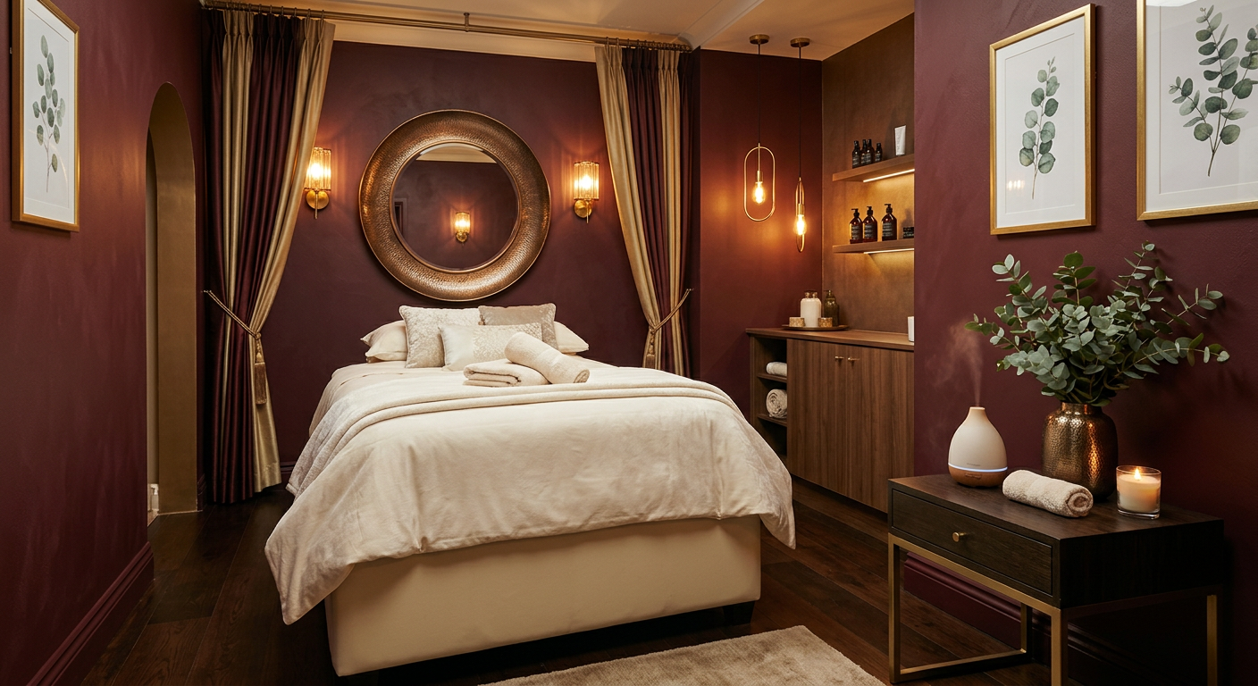 Inside the NOURÉ treatment suite with warm bronze lighting